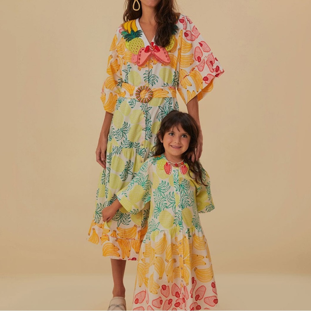 NWT FARM Rio Off-White Tropical Fruits Midi Dress L
